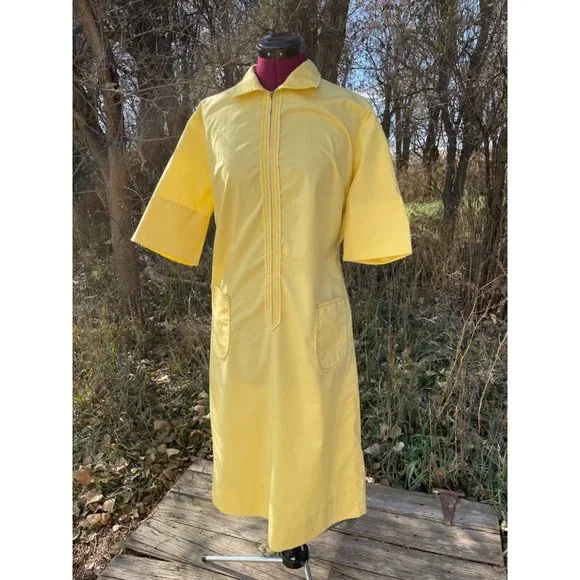 Vintage 1970s Yellow Zip Front Casual dress Front Pocket size L - Picture 6 of 15